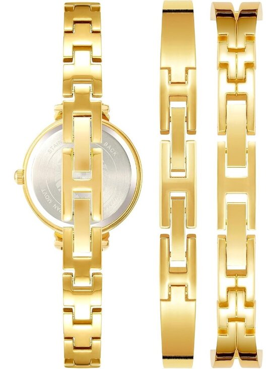 Women\'s Gold Lavender Analog Quartz Premium Crystal Accented Bangle Set Watch